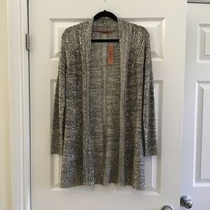 Silver/black knit open front medium length cardigan with silver tone sequins
